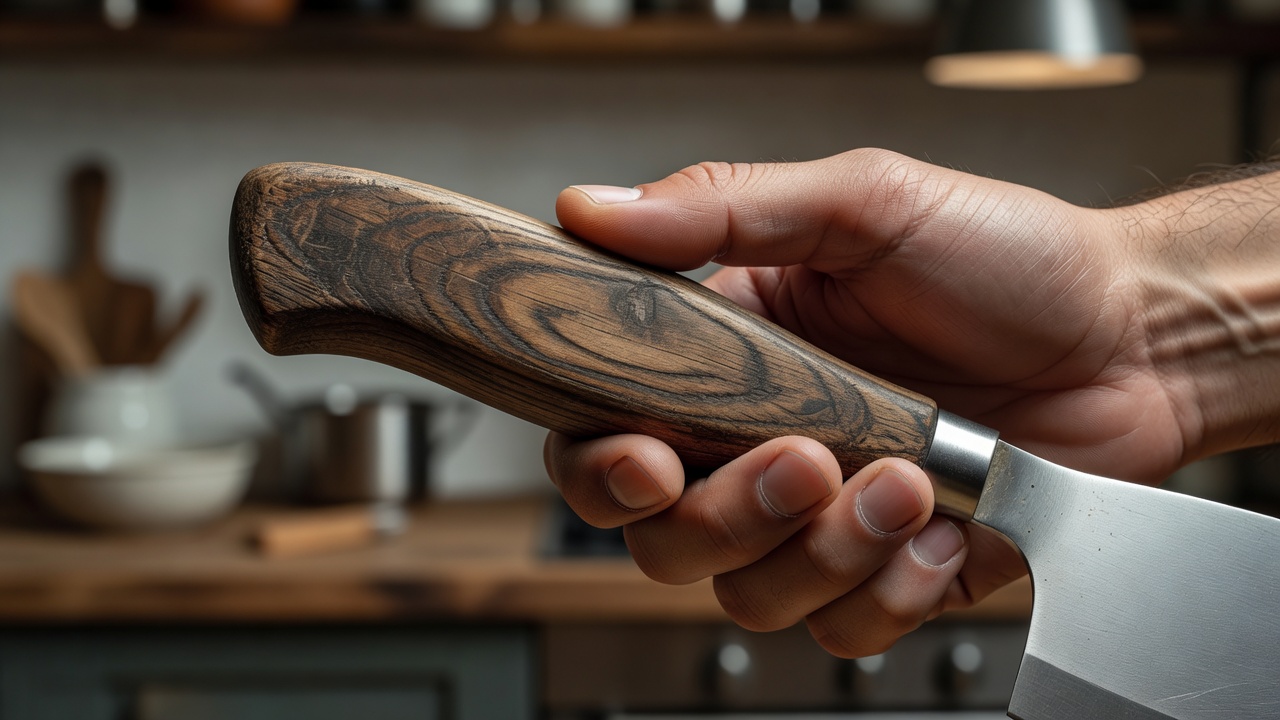 Close-up of a broad textured kitchen-tool handle held in an adult hand