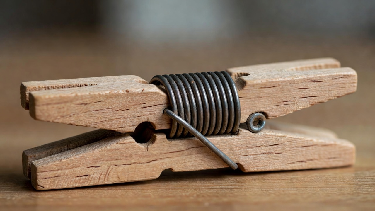 Close-up of the coiled spring and wooden levers inside a household clothespin
