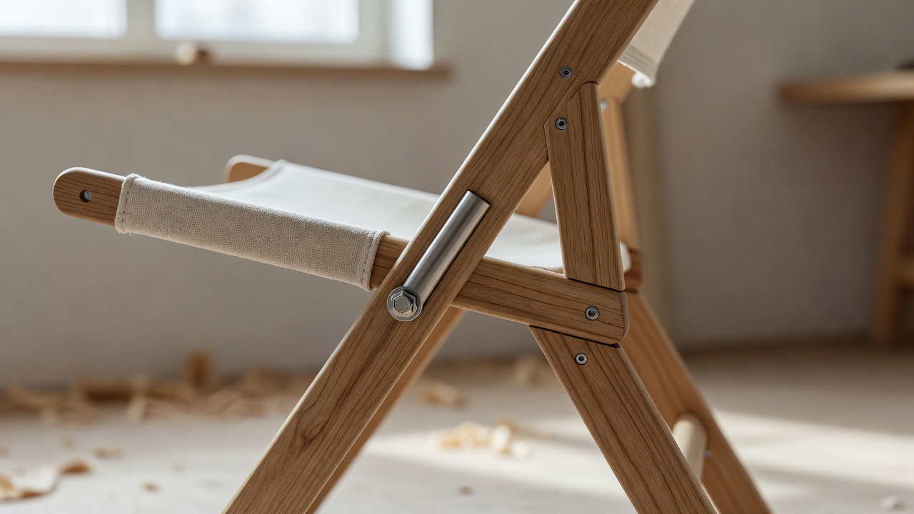 Folding chair hinge connecting the seat to a compact timber frame